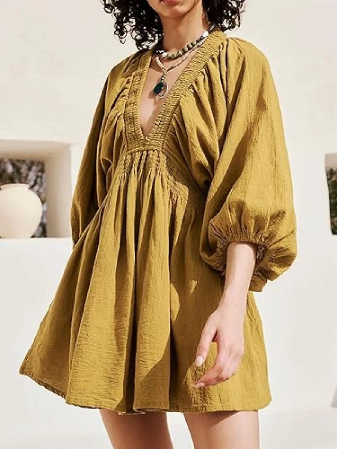 Textured V - Neck Mini Dress - JUST - JEN BOUTIQUE