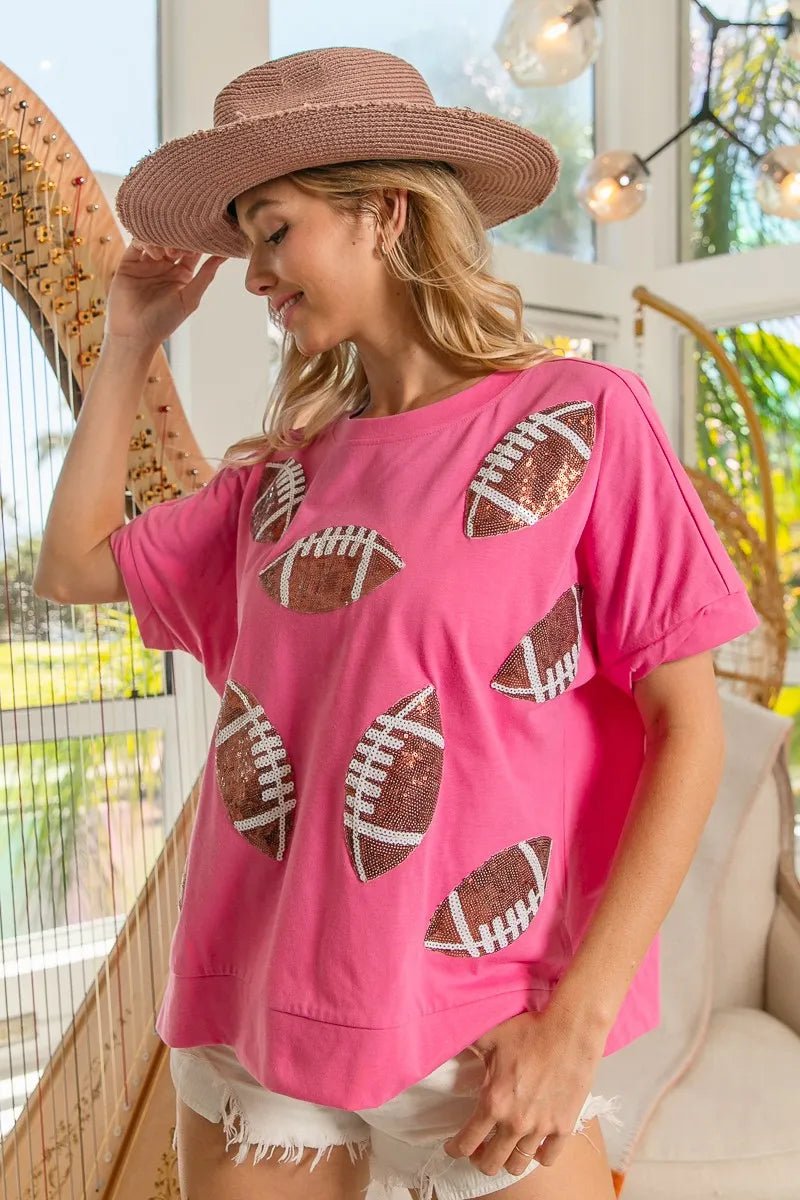 BiBi Game Day Sequins Patched Half Sleeves Top - JUST - JEN BOUTIQUE
