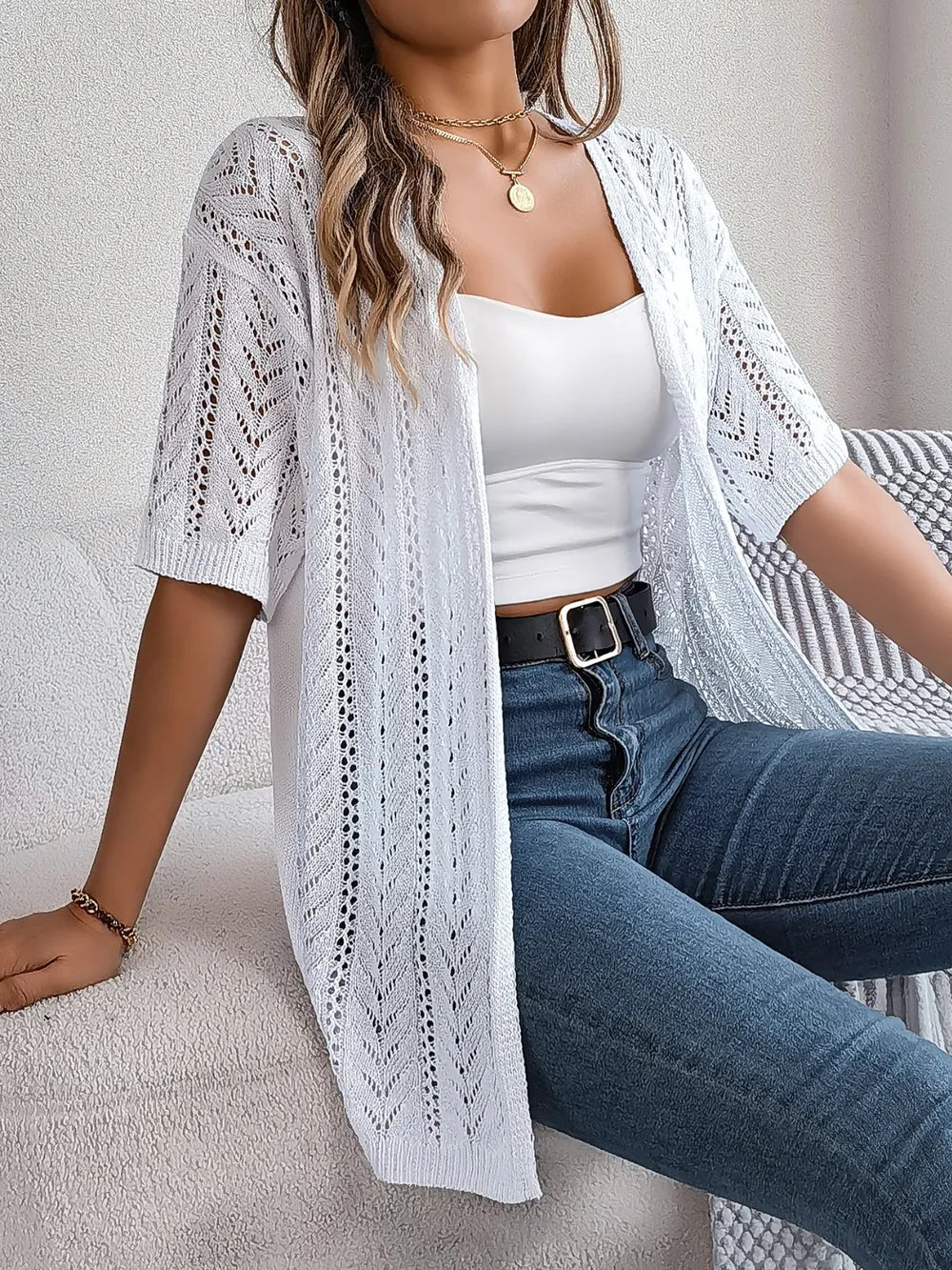 Openwork Open Front Half Sleeve Cardigan - JUST - JEN BOUTIQUE