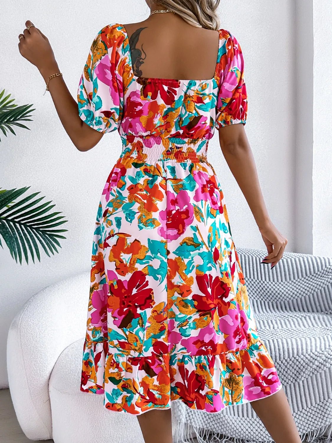 Ruffled Hem Smocked Floral Short Sleeve Midi Dress - JUST - JEN BOUTIQUE
