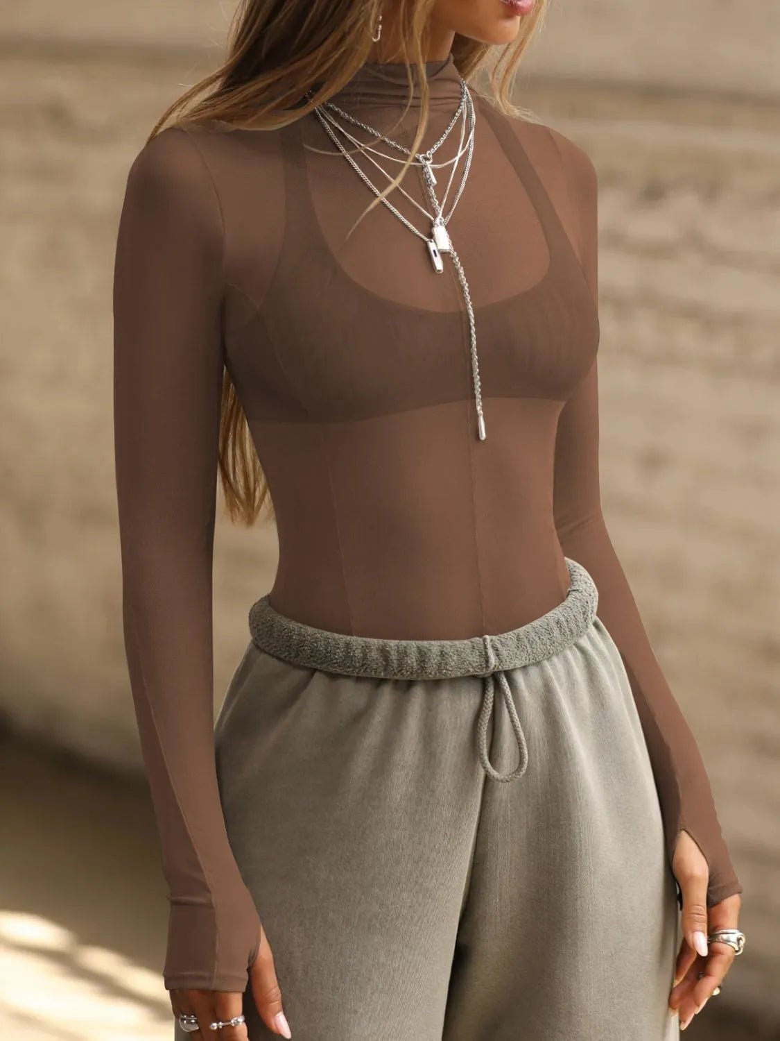 Mock Neck Long Sleeve Sheer Top - JUST - JEN BOUTIQUE