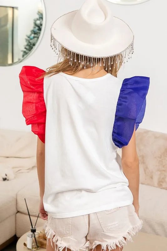 BiBi USA Theme Color Block Organza Ruffle Sleeve Top - JUST - JEN BOUTIQUE