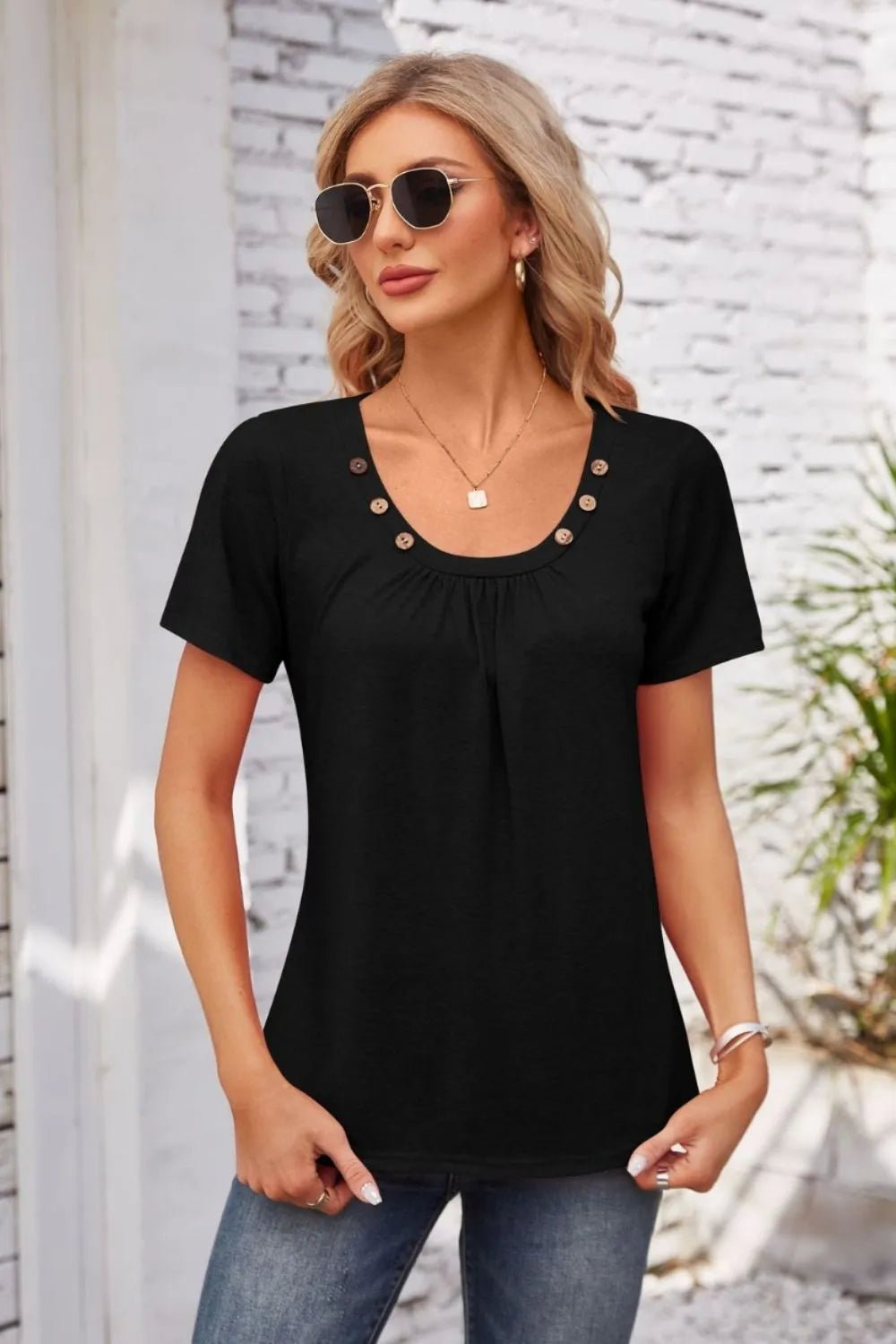 Decorative Button Scoop Neck T-Shirt - JUST - JEN BOUTIQUE