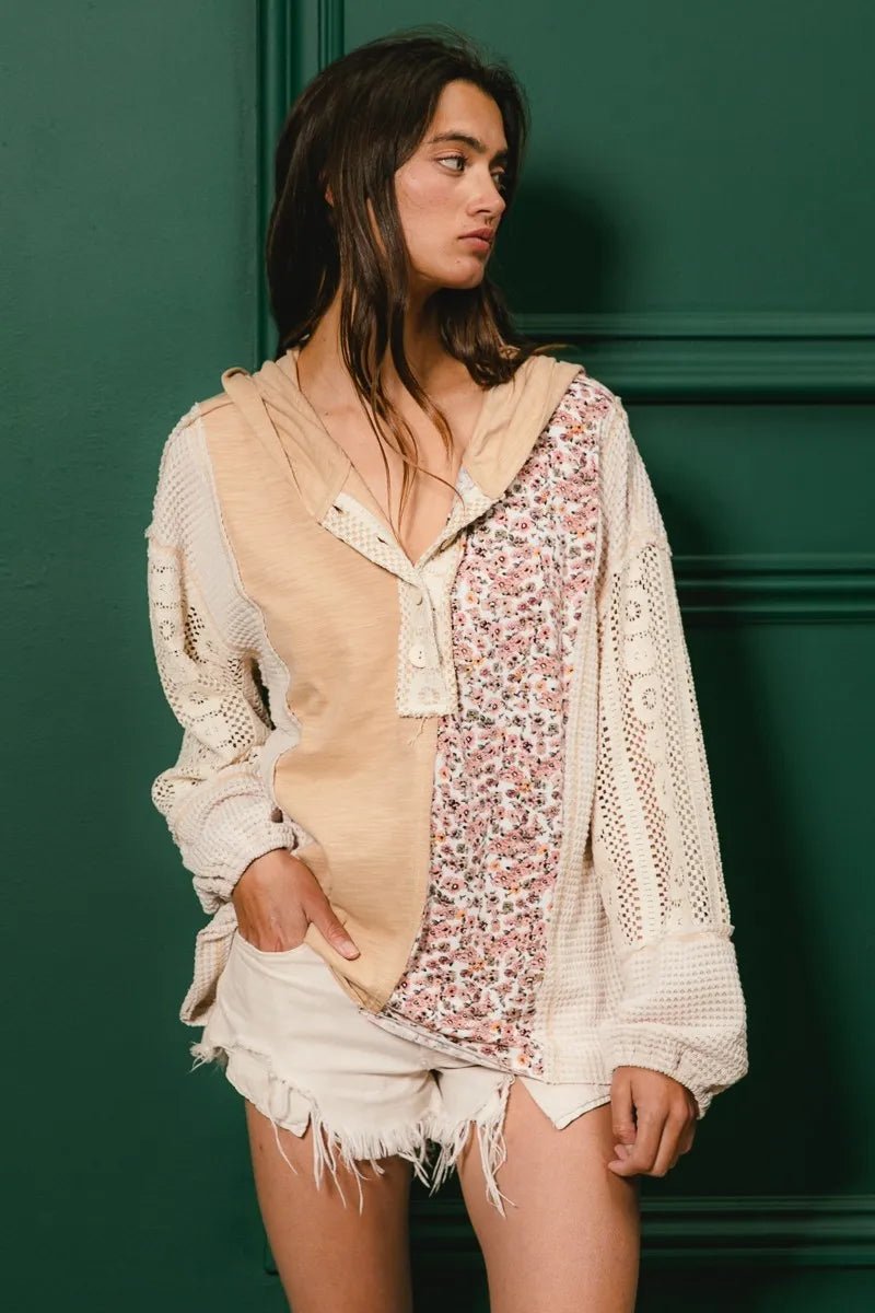 BiBi Slub Jersey with Lace Combo Buttoned Hoodie Top - JUST - JEN BOUTIQUE
