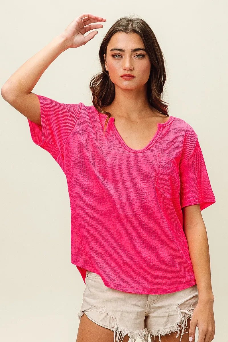 BiBi Waved Rib U Neck Top With Front Pocket - JUST - JEN BOUTIQUE