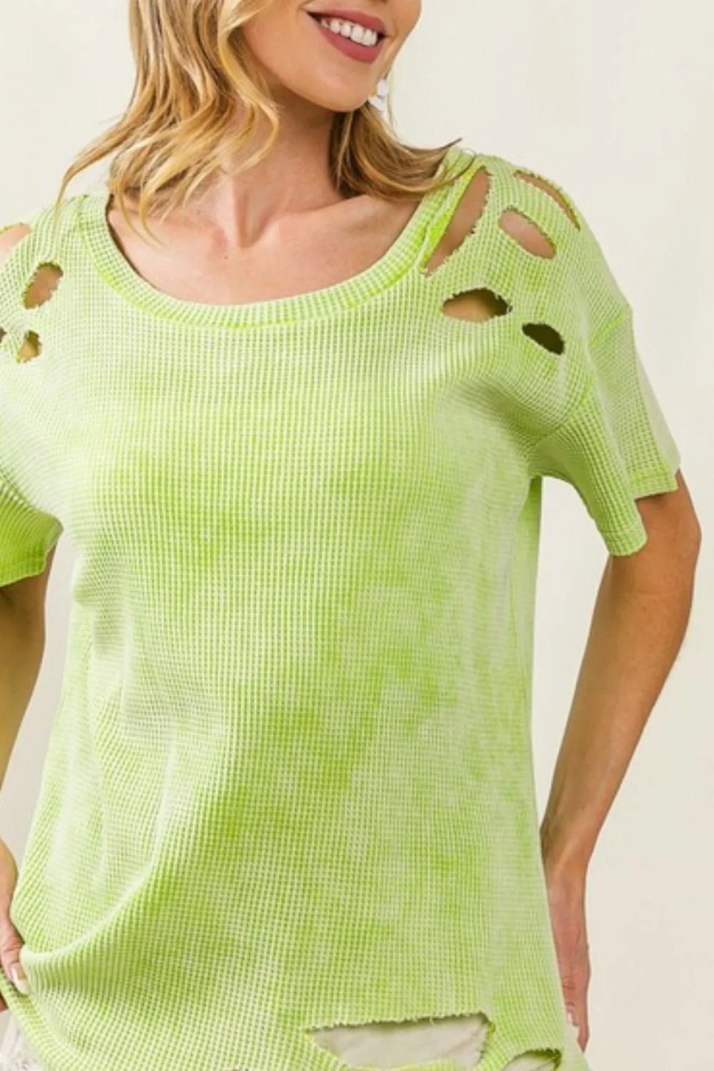 BiBi Laser Cut Mineral Washed Loose Fit Thermal Top - JUST - JEN BOUTIQUE