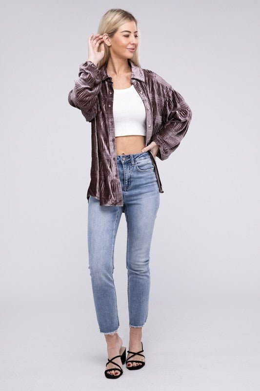 Wrinkle Effect Tiered Shirring Velvet Shirt - JUST - JEN BOUTIQUE