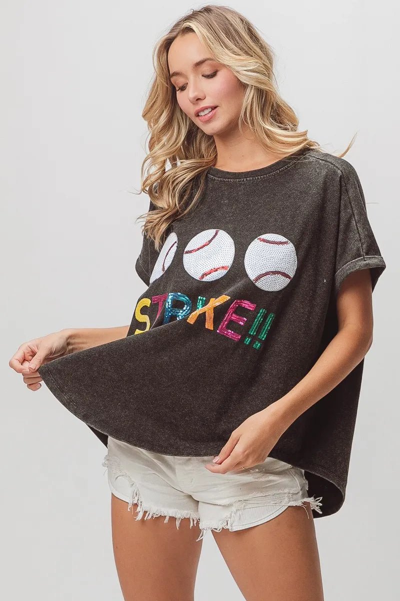 BiBi Sequin Baseballs Strike Washed Short Sleeve Top - JUST - JEN BOUTIQUE