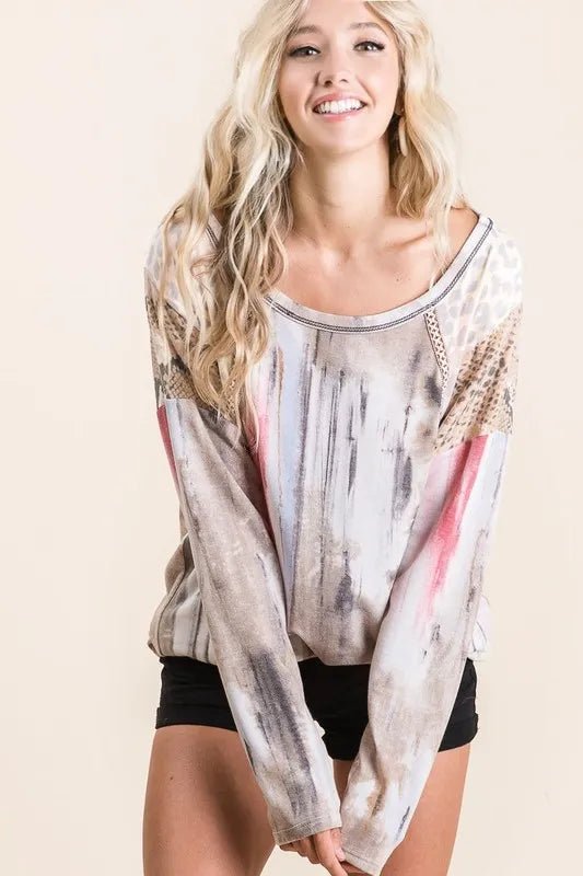 BiBi Tie Dye Knit Top with Print Block Shoulder - JUST - JEN BOUTIQUE