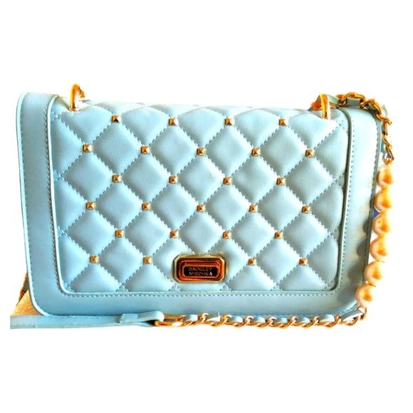 Badgley Mischka Lt.Blue Front Quilted Gold Studded Vegan Leather Crossbody Bag