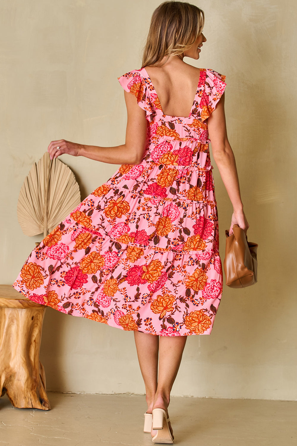 Pink Floral Square Neck Ruffled Flutter Sleeve Tiered Midi Dress