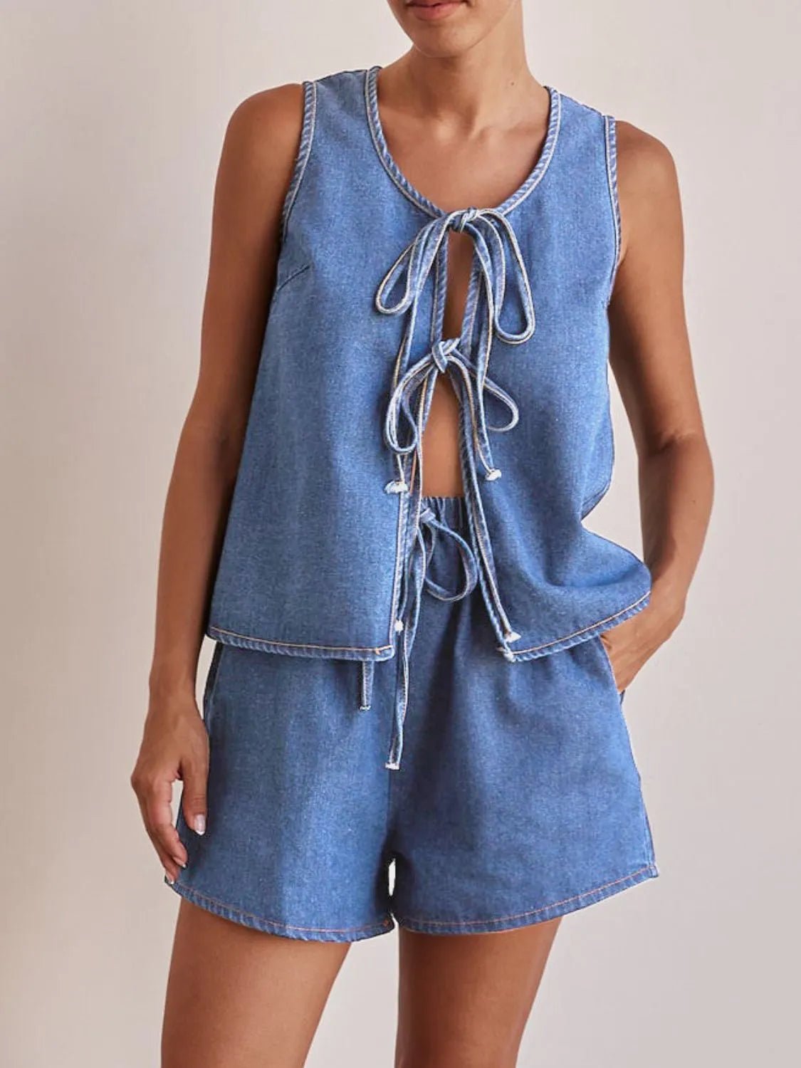 Tie Front Vest and Shorts Denim Set - JUST - JEN BOUTIQUE