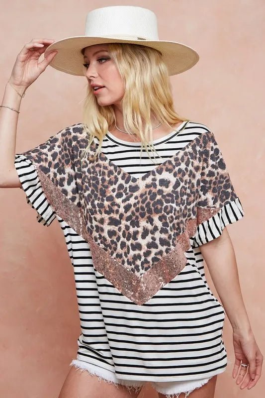 BiBi Stripe Rayon Span Knit Color Block Top With Leopard - JUST - JEN BOUTIQUE
