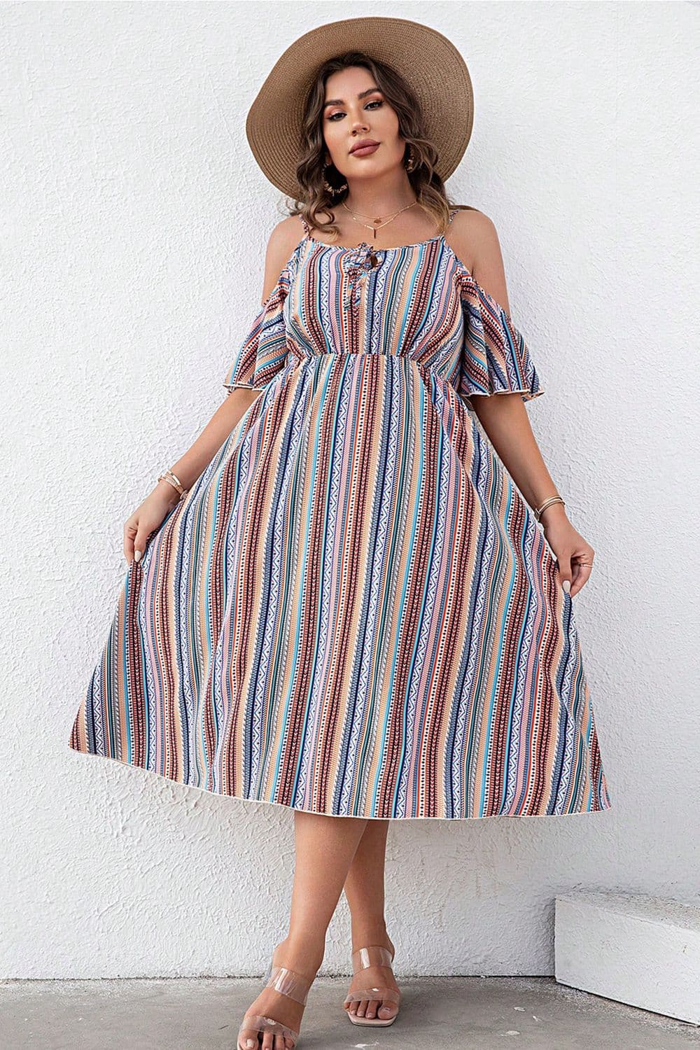Plus Size Striped Cold - Shoulder Dress - JUST - JEN BOUTIQUE