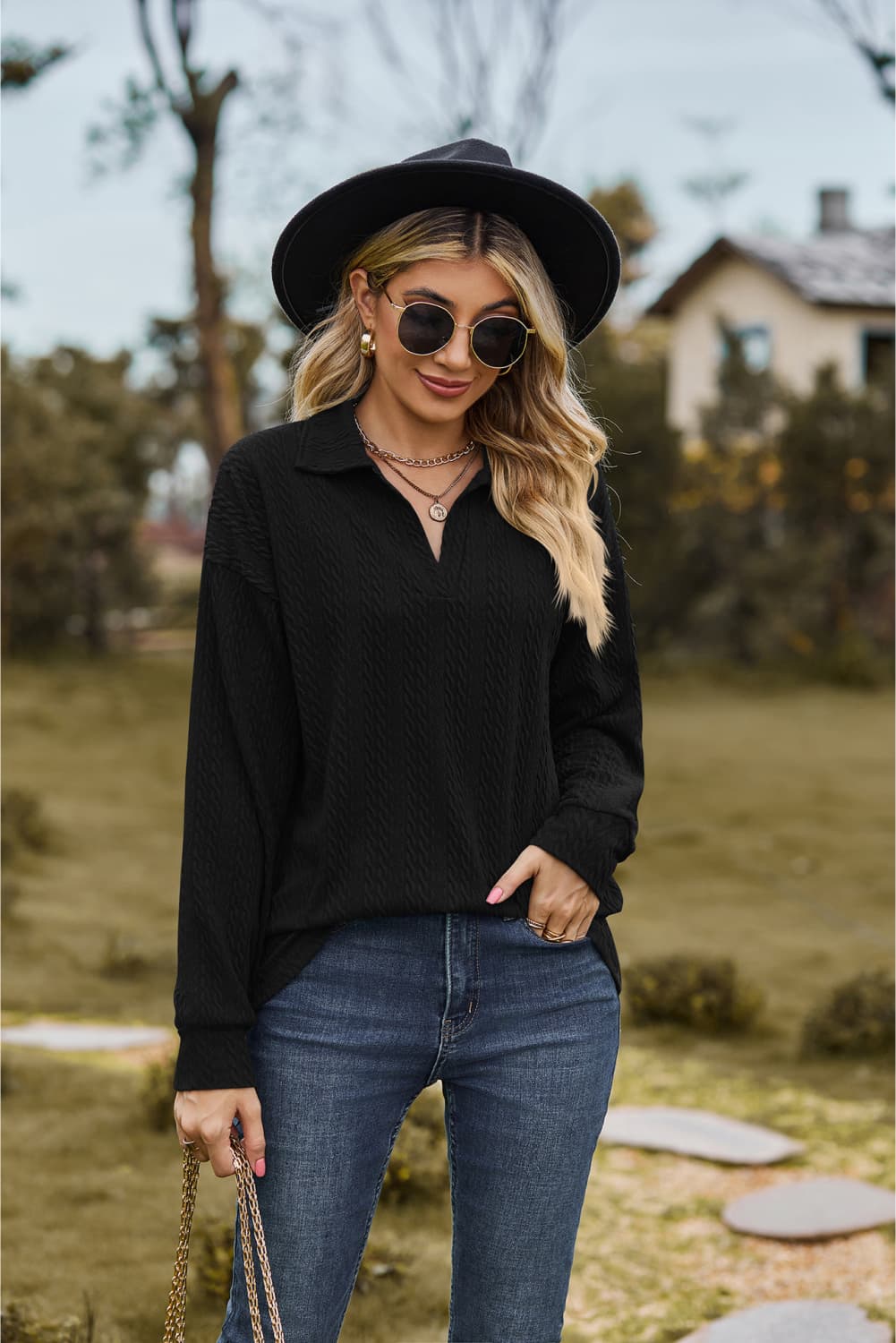 Collared Neck Cable - Knit Long Sleeve Blouse - JUST - JEN BOUTIQUE