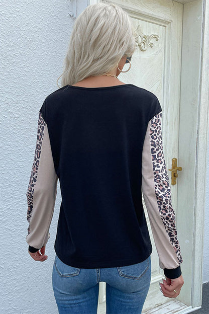 Perfee Leopard Color Block Long Sleeve Sweatshirt