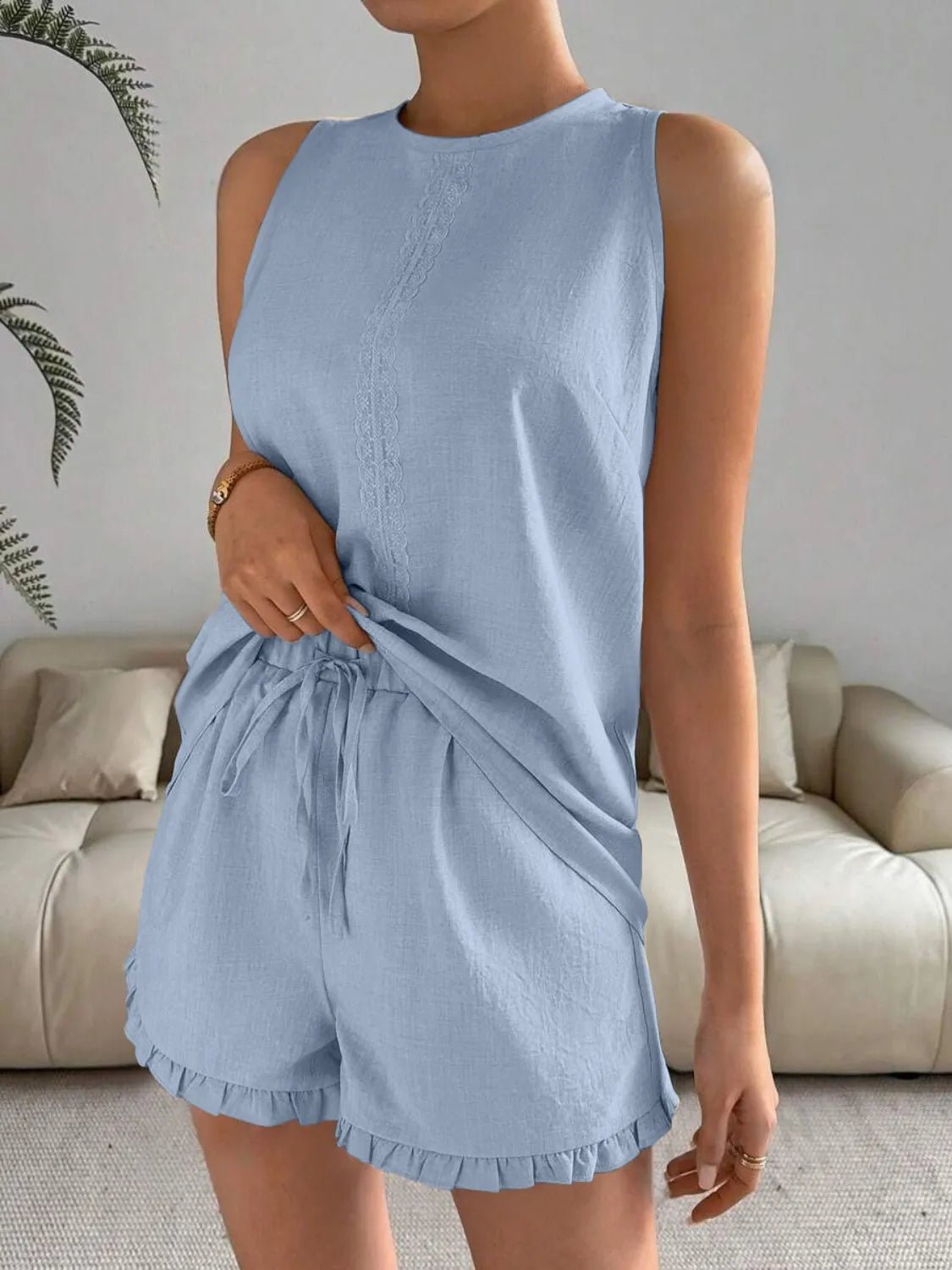Lace Detail Round Neck Tank and Shorts Set - JUST - JEN BOUTIQUE