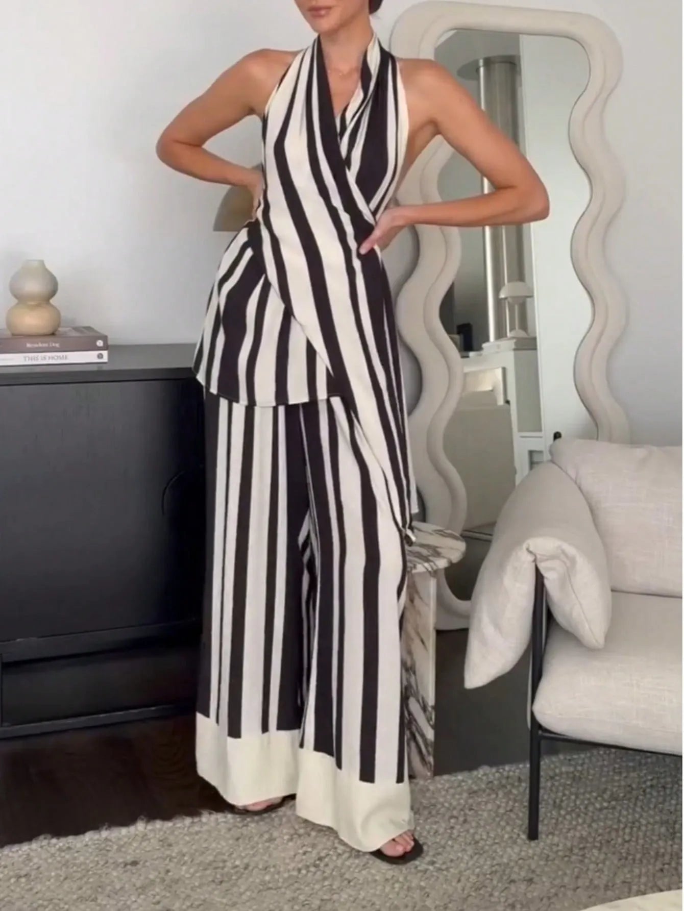 Striped Halter Neck Top and Pants Two - Piece Set - JUST - JEN BOUTIQUE