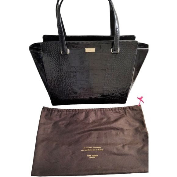 KATE SPADE New York Black Elissa Bristol Drive Croc Leather Handbag W/Dust Bag
