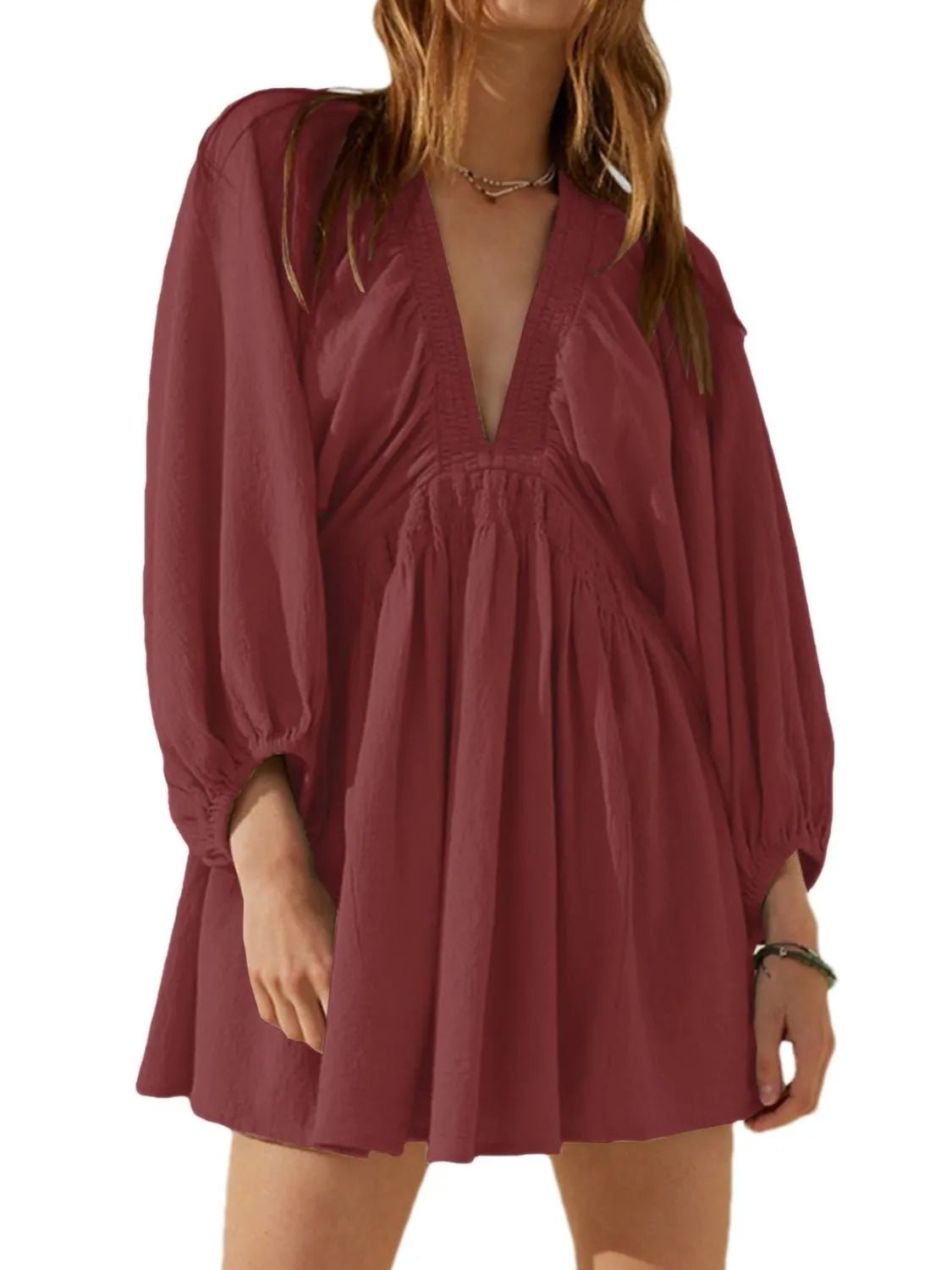 Textured V - Neck Mini Dress - JUST - JEN BOUTIQUE