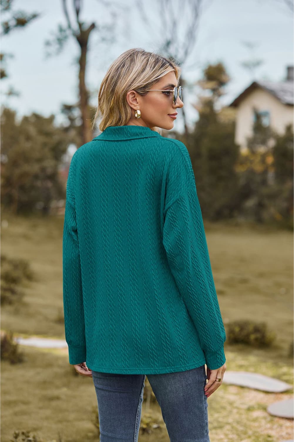 Collared Neck Cable - Knit Long Sleeve Blouse - JUST - JEN BOUTIQUE