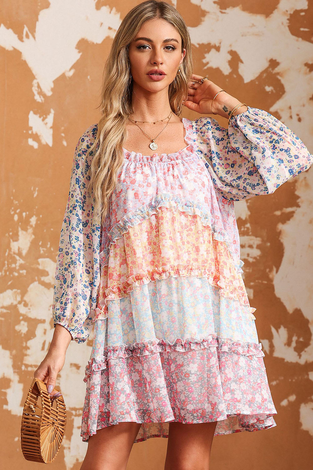 Sky Blue Floral Colorblock Tiered Puff Sleeve Dress