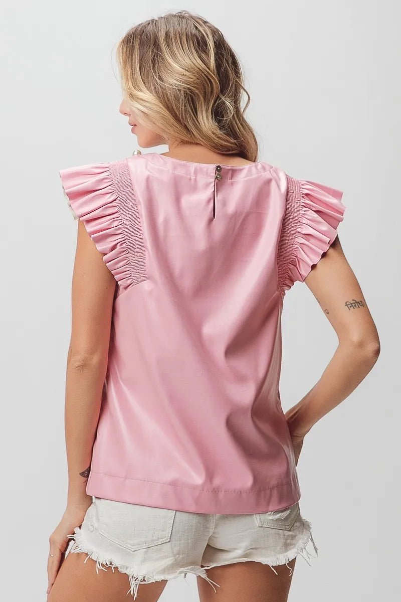 BiBi Leather Smocked Ruffled Top - JUST - JEN BOUTIQUE