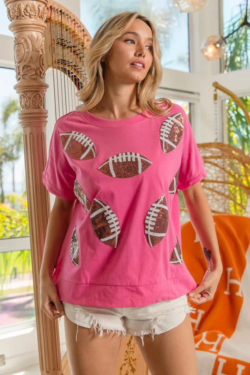 BiBi Game Day Sequins Patched Half Sleeves Top - JUST - JEN BOUTIQUE