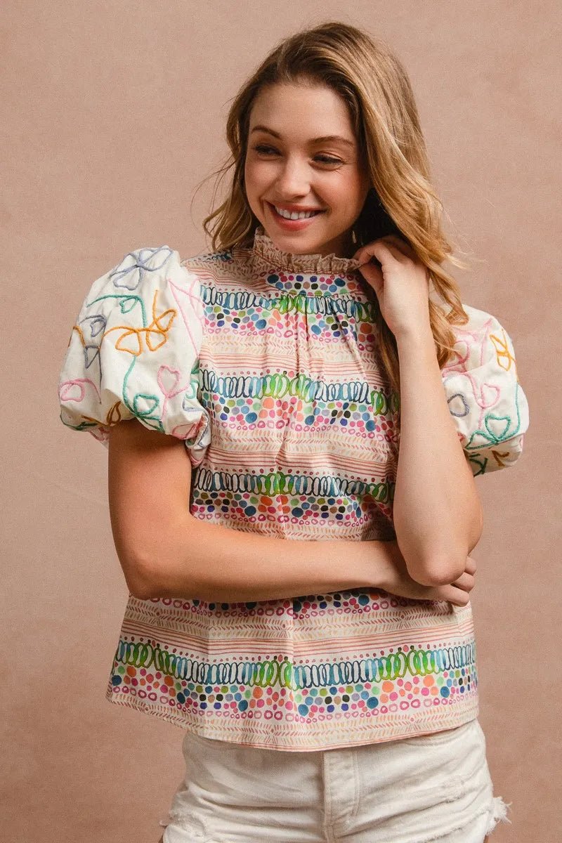 BiBi Ruffle Neckline Blouse With Embroidery Bubble Sleeve - JUST - JEN BOUTIQUE