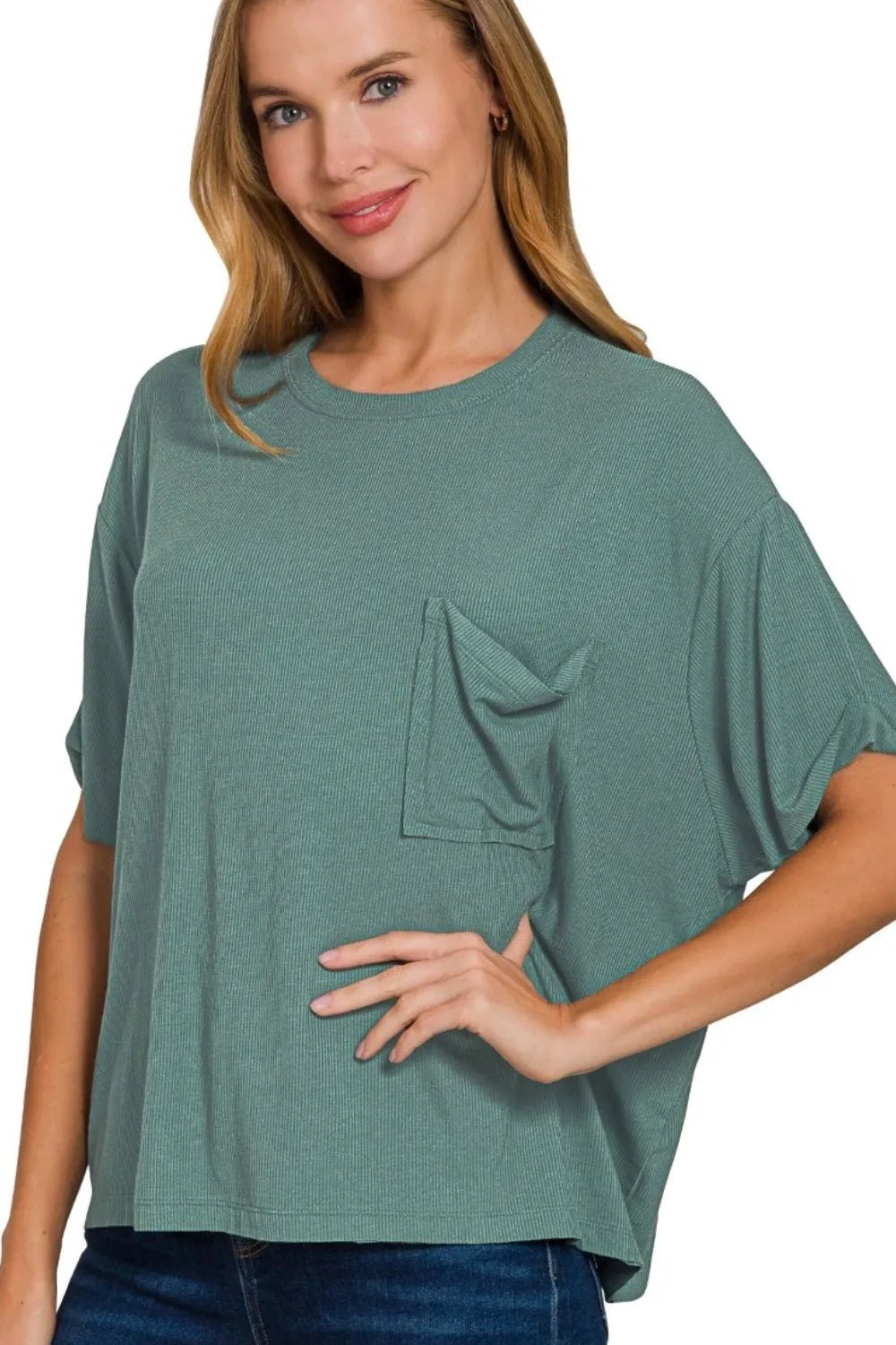 Zenana Oversized Ribbed Round Neck Short Sleeve Tee - JUST - JEN BOUTIQUE