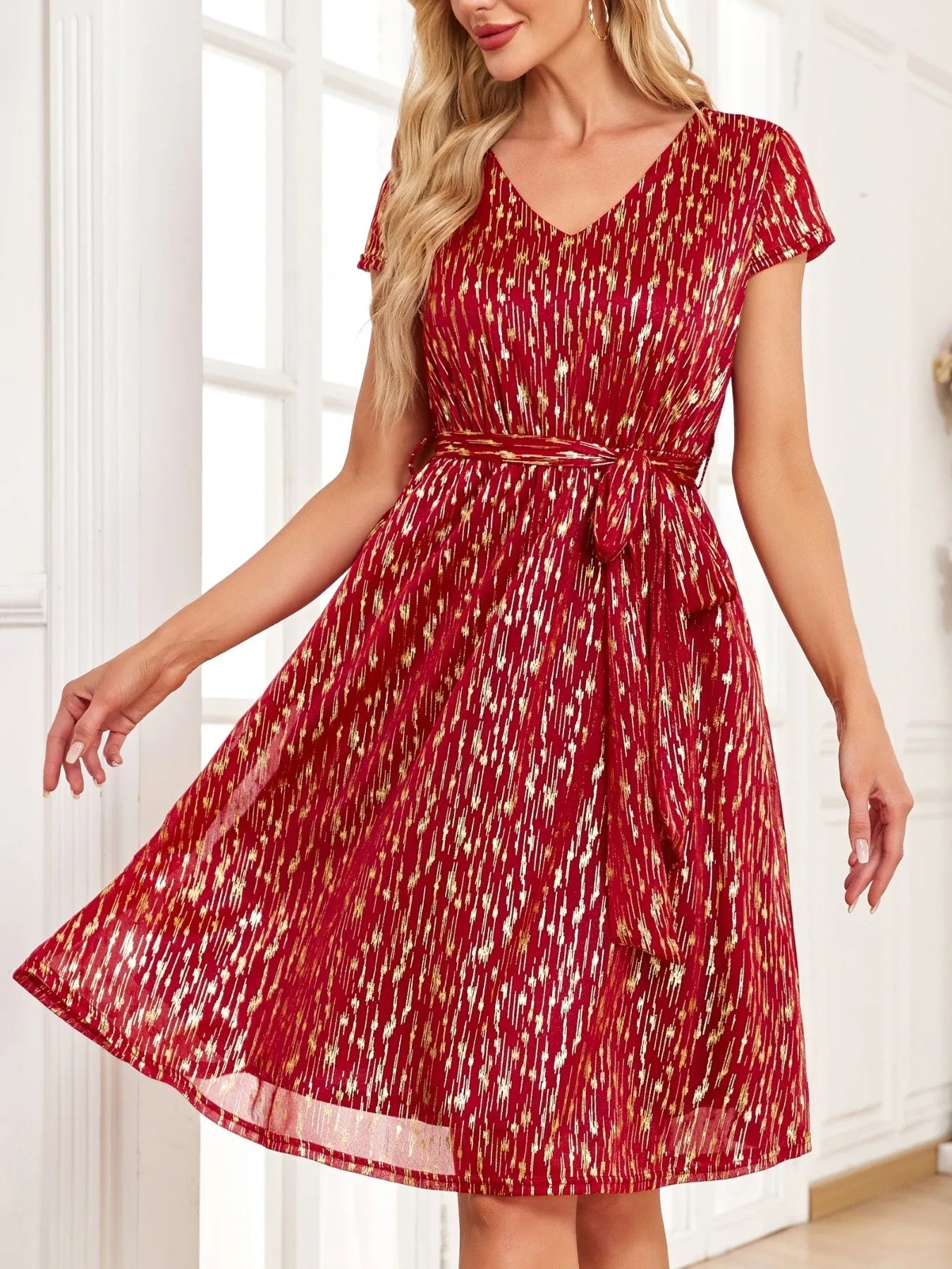 V - Neck Metallic Print Dress - JUST - JEN BOUTIQUE