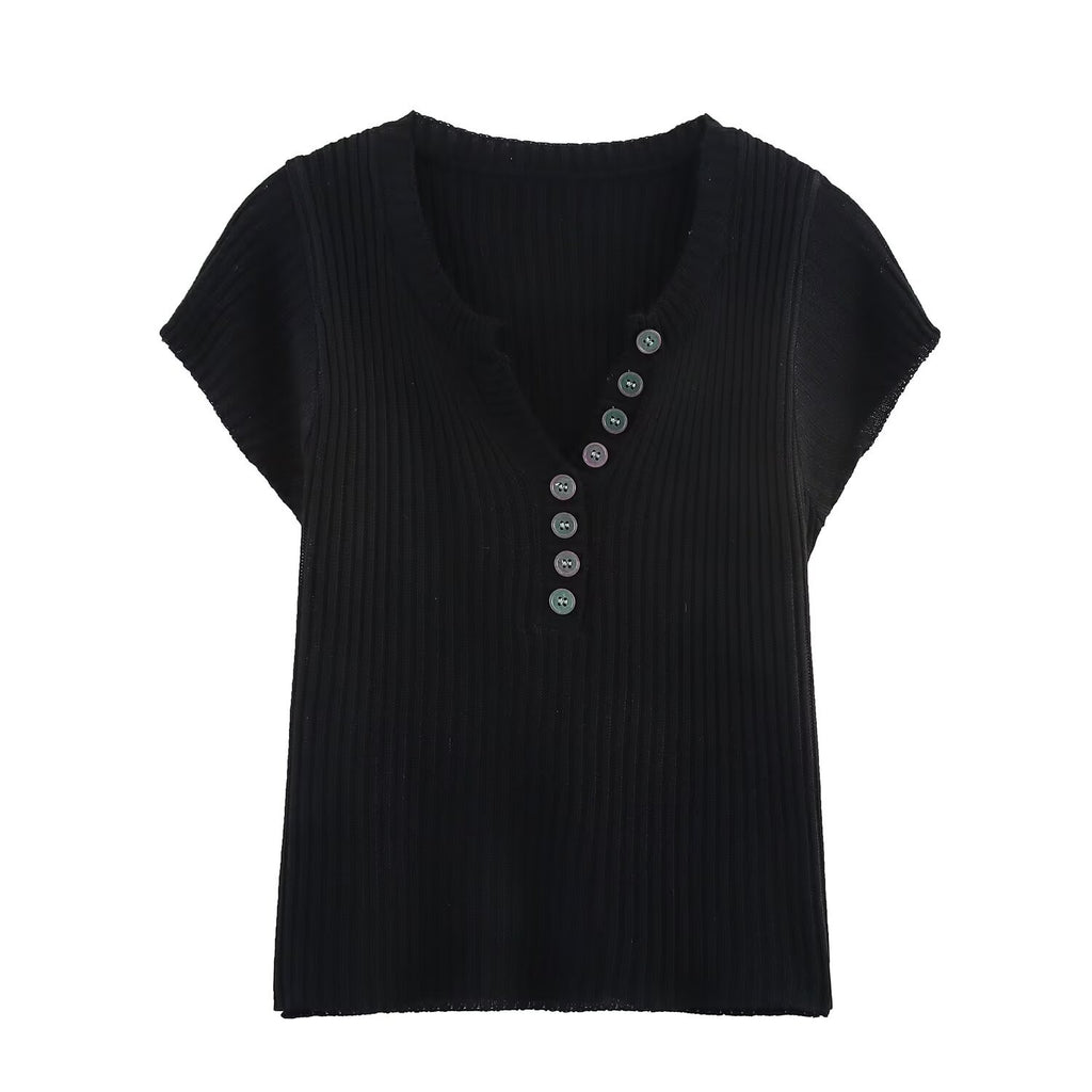 V-neck short sleeved button knit T-shirt top for women