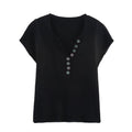V - neck short sleeved button knit T-shirt top for women - JUST - JEN BOUTIQUE