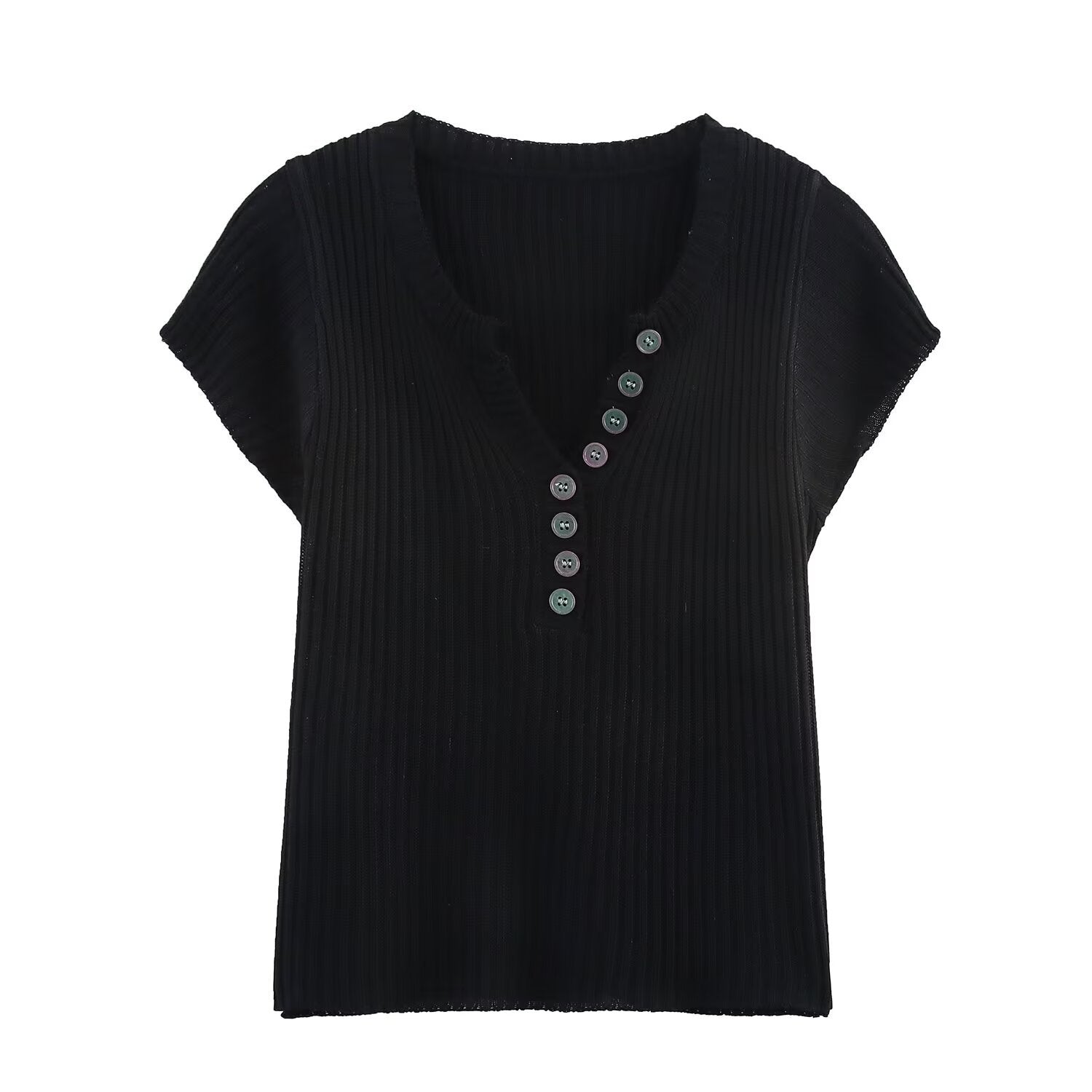 V-neck short sleeved button knit T-shirt top for women