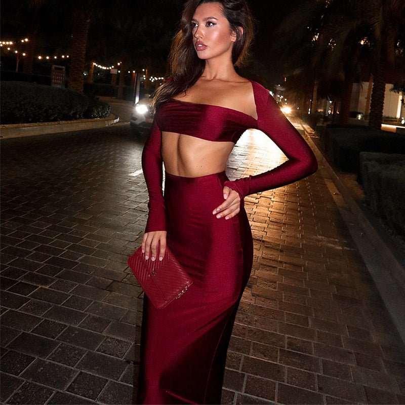 European and American long sleeved long skirt set, strapless short top, high waist, hip hugging skirt, sexy and spicy two - piece set - JUST - JEN BOUTIQUE