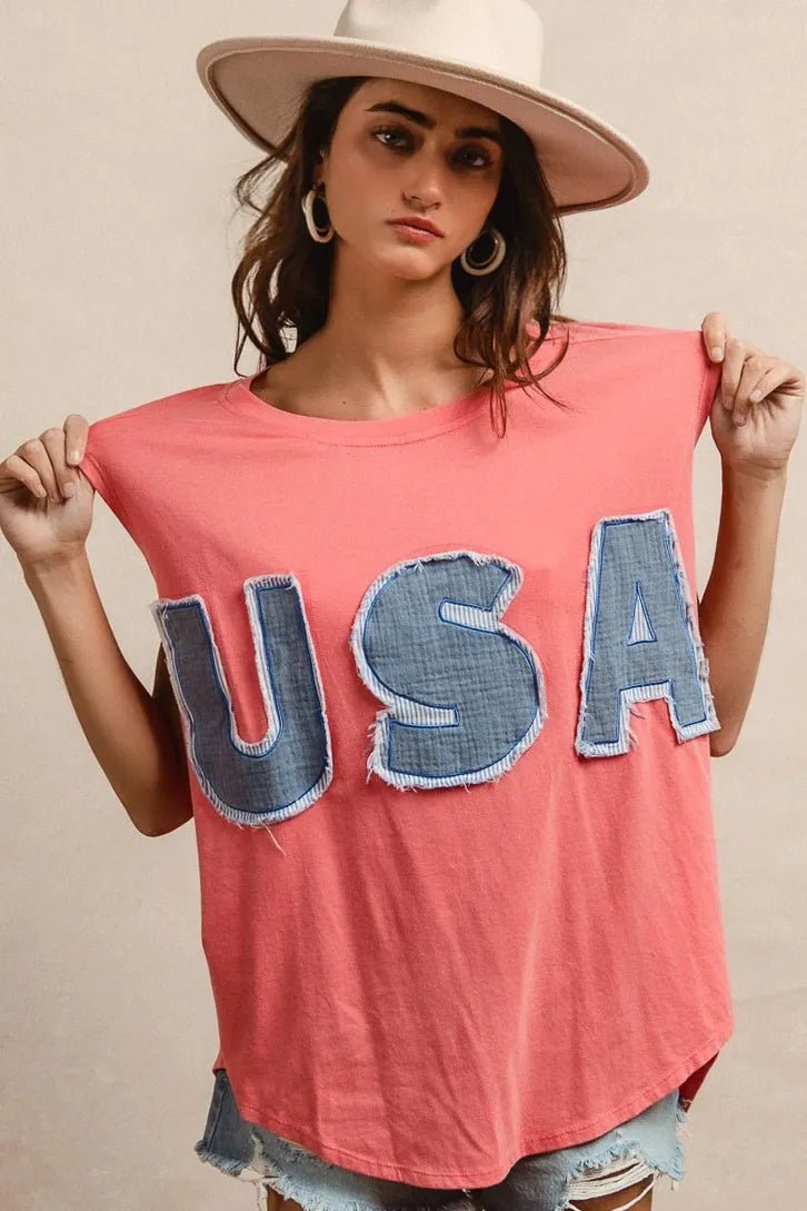 BiBi Washed Jersey With Usa Patched Raw Cut Edge Detail - JUST - JEN BOUTIQUE