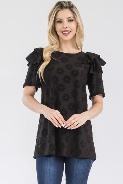 Celeste Full Size Ruffle Layered Short Sleeve Daisy Floral Top