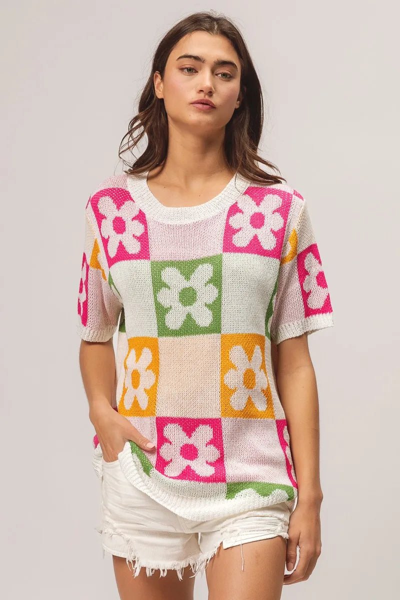 BiBi Flower Checker Pattern Lightweight Sweater Top - JUST - JEN BOUTIQUE