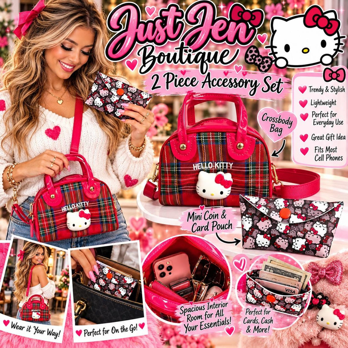Hello Kitty 2-Piece Accessory Set Crossbody Bag & Pouch Kawaii Bag Set