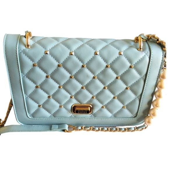 Badgley Mischka Lt.Blue Front Quilted Gold Studded Vegan Leather Crossbody Bag