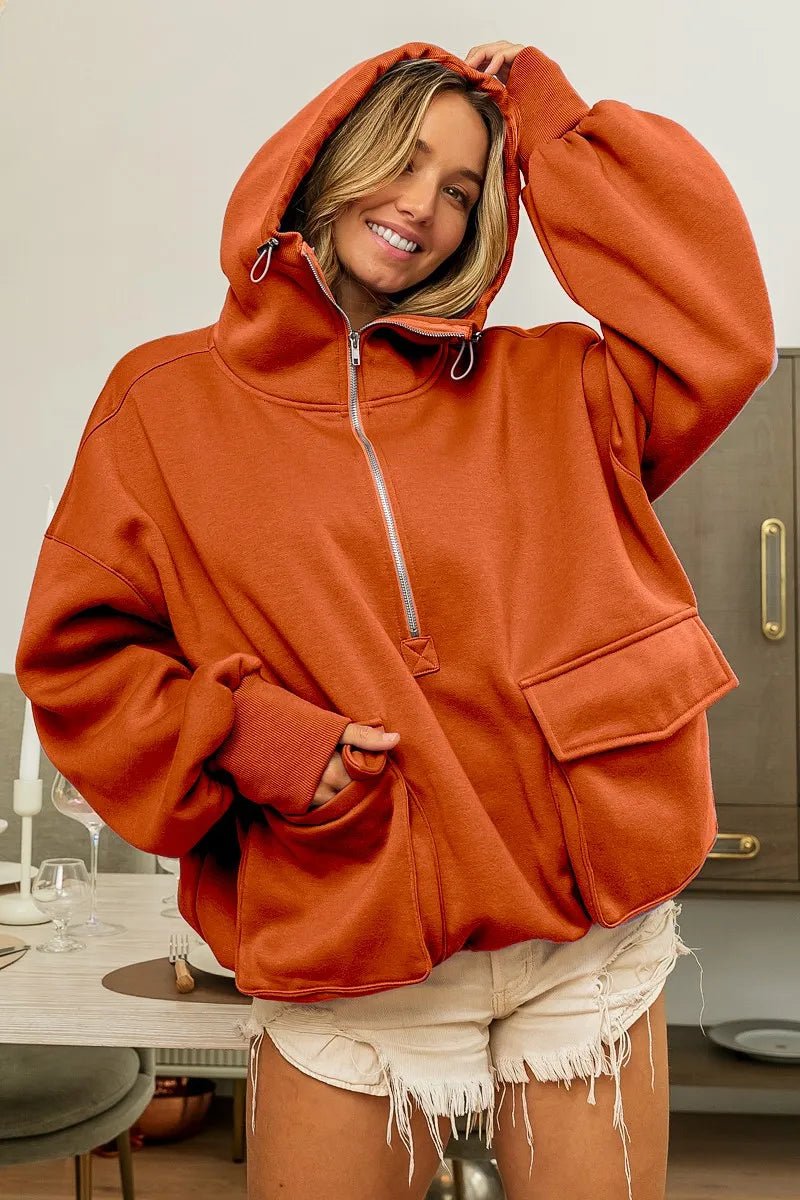 BiBi Half Zip Vintage Washed Fleece Hoodie - JUST - JEN BOUTIQUE