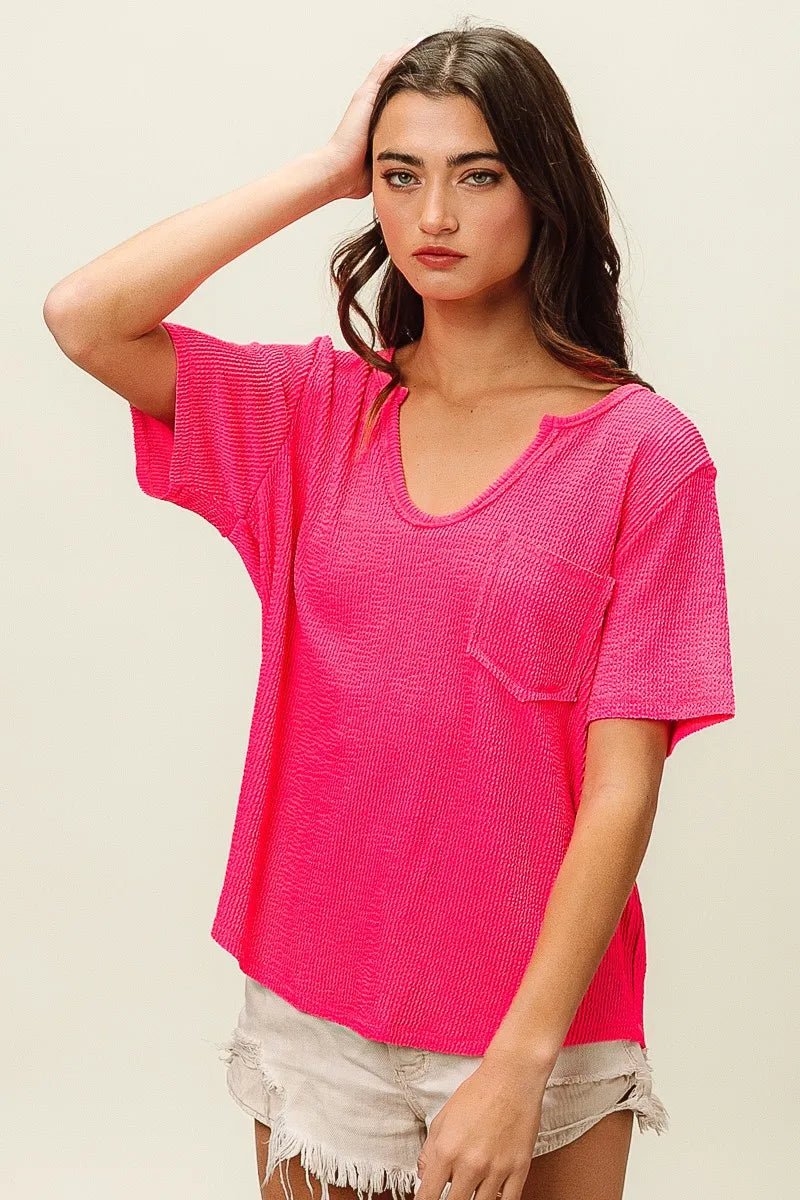 BiBi Waved Rib U Neck Top With Front Pocket - JUST - JEN BOUTIQUE