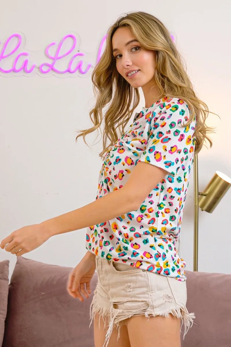 BiBi Multi Color Leopard Jersey Shirred V Neck Top - JUST - JEN BOUTIQUE