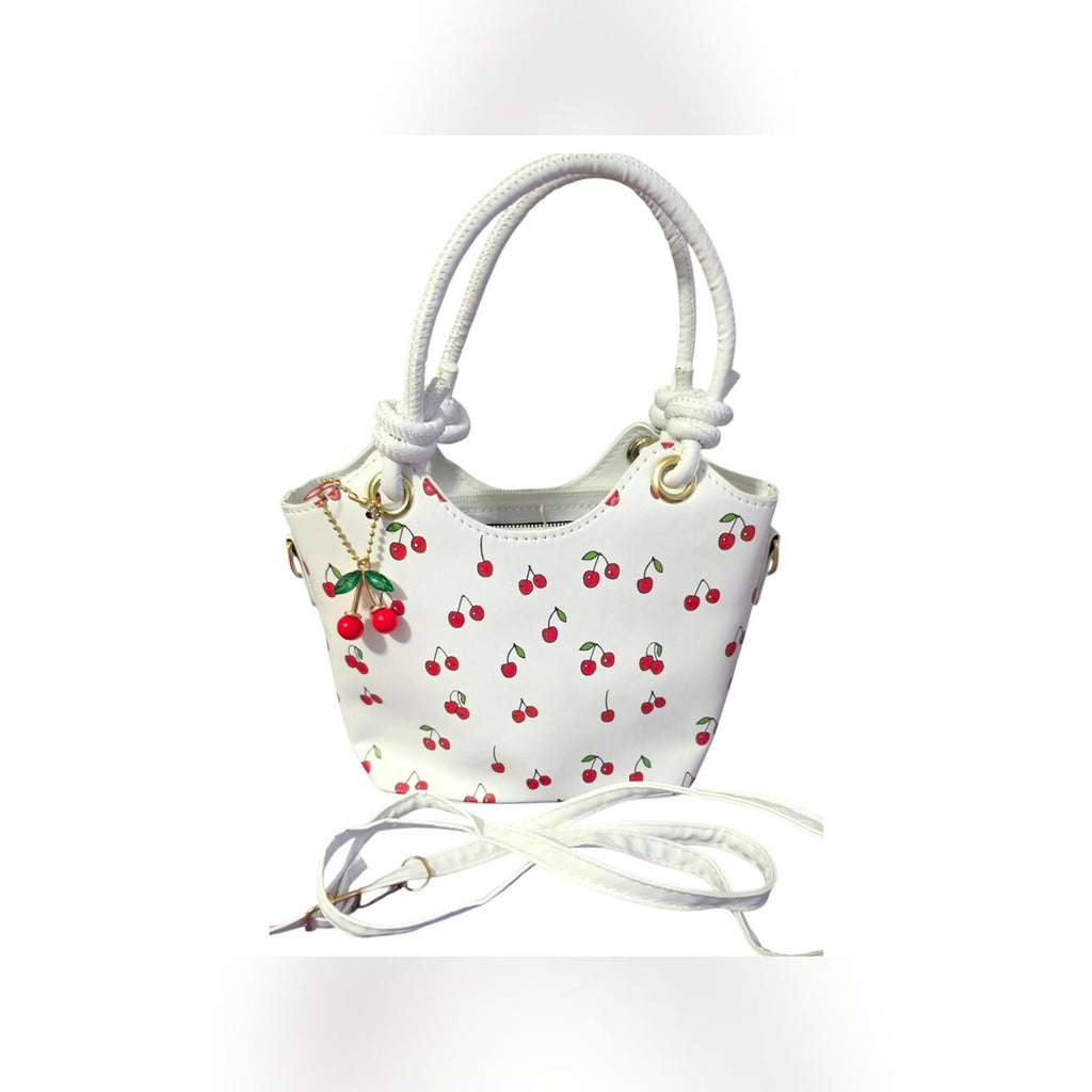 Cherry Print Faux Leather Crossbody Handbag Purse w/ Cherry Bag Charm