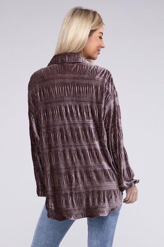 Wrinkle Effect Tiered Shirring Velvet Shirt - JUST - JEN BOUTIQUE