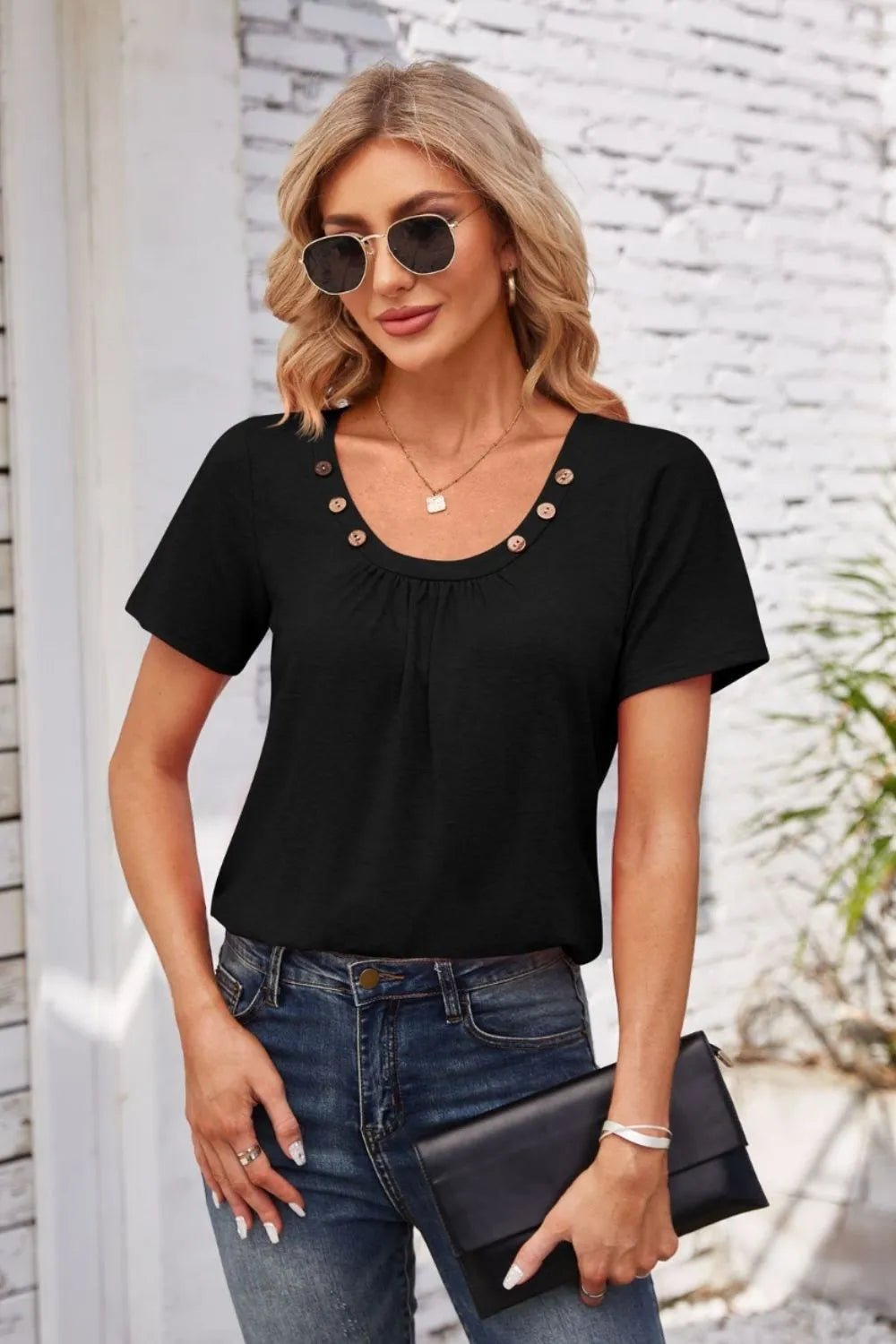 Decorative Button Scoop Neck T-Shirt - JUST - JEN BOUTIQUE