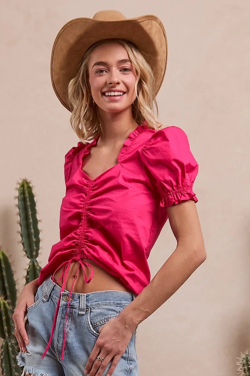 BiBi Ruffled Square Neck With Front Ruched Puff Sleeve - JUST - JEN BOUTIQUE