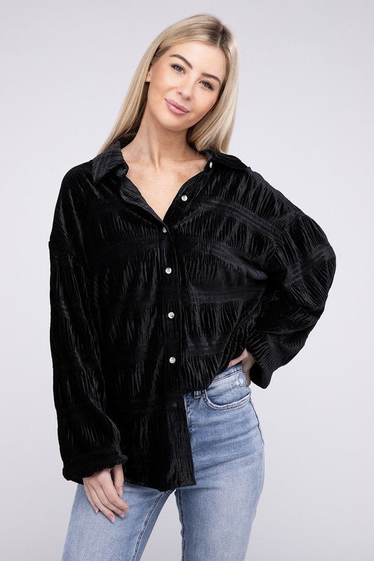 Wrinkle Effect Tiered Shirring Velvet Shirt - JUST - JEN BOUTIQUE