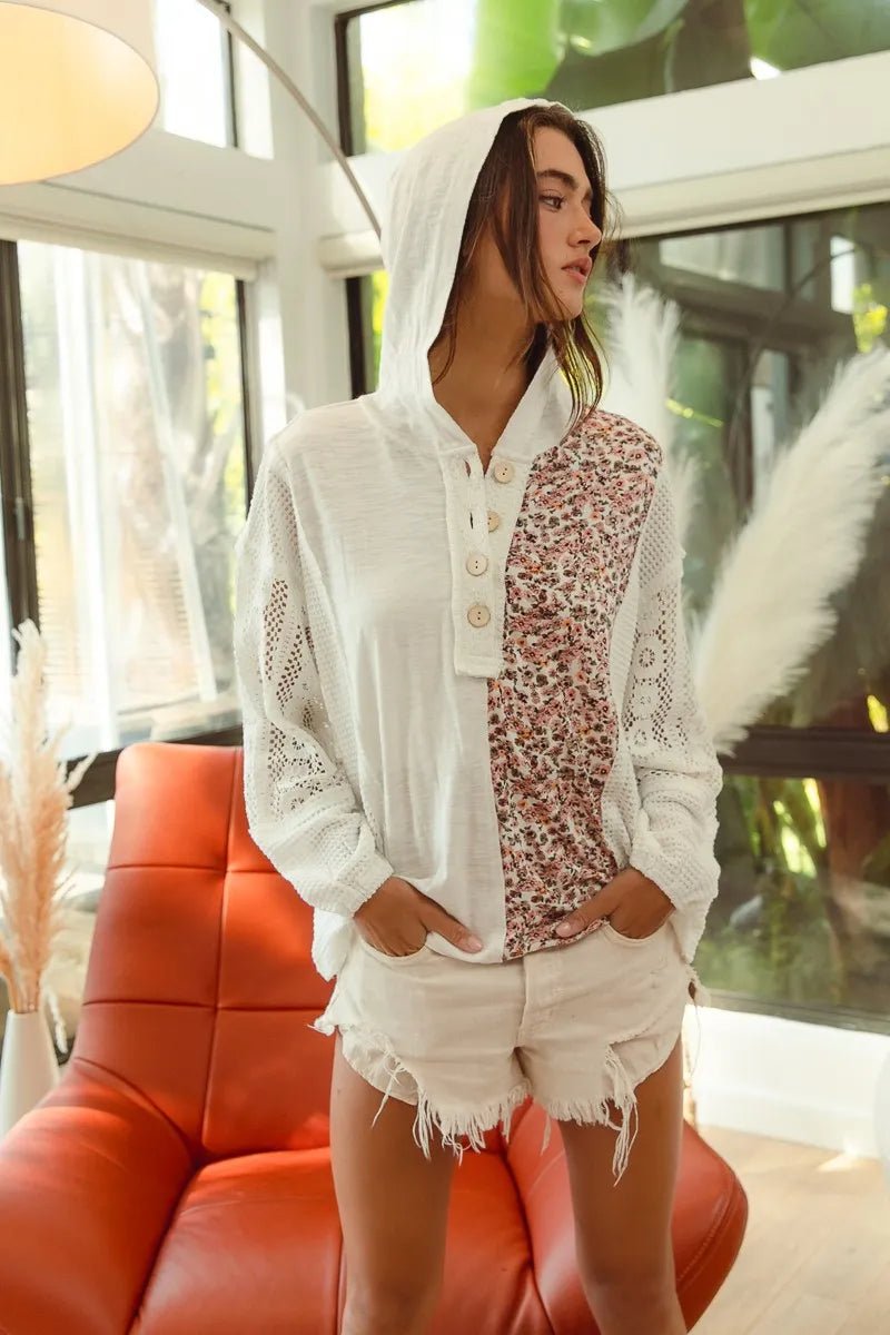 BiBi Slub Jersey with Lace Combo Buttoned Hoodie Top - JUST - JEN BOUTIQUE