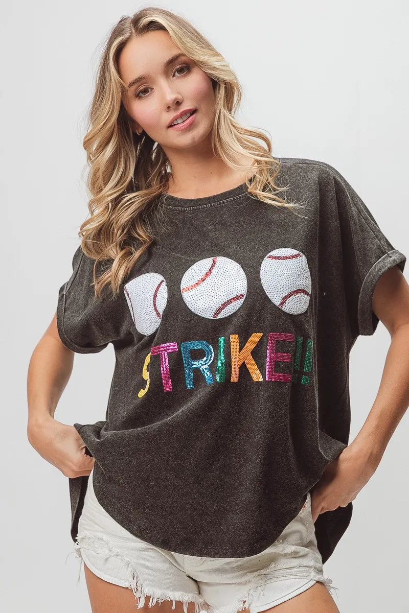 BiBi Sequin Baseballs Strike Washed Short Sleeve Top - JUST - JEN BOUTIQUE